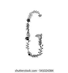 Floral letters. Vector Doodles font from ornamental flowers. Black and white