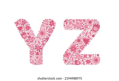 Floral letters Y, Z. Font of pink flowers. Alphabet. Doodle style. Isolated vector illustration eps 10