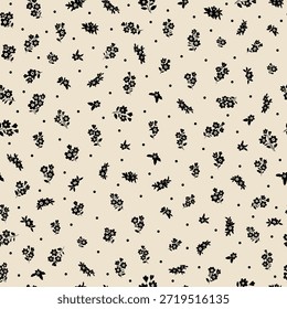 Patrón de libertad floral con Pequeño campo de flores negras sobre un fondo blanco. Repitiendo el fondo del prado de flores de doodle ditsy. Diseño del Vector para el papel, la cubierta, la tela, la decoración interior y el otro