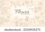 Floral light background. Gentle engraving with exotic birds and butterflies. Blooming ornaments with tropical flowers for website. Chinoiserie with spring plants. Cartoon flat vector illustration