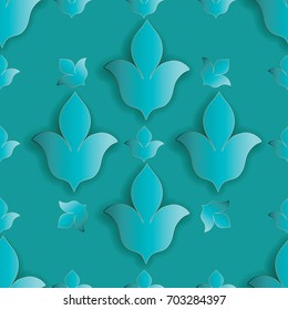 Floral light blue 3d seamless pattern. Turquoise background wallpaper illustration with vintage 3d lily flowers and abstract modern ornaments. Vector surface luxury texture for fabric, textile, prints