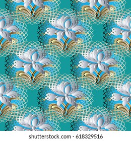 Floral light blue seamless pattern background wallpaper illustration with vintage white 3d roses   flowers, swirl  leaves, radial circles and floral modern ornaments. Vector surface 3d  texture.