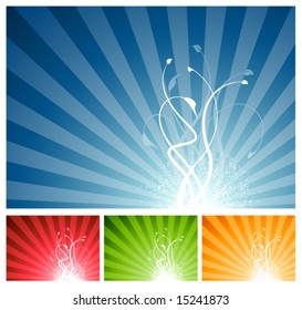 Floral light burst background in blue, red, green, and orange