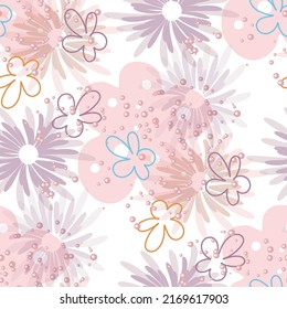 Floral light seamless pattern, bouquets of multi-colored flowers on white background for wallpaper design, textile, wrapping paper, batiste, fabrics, silks.