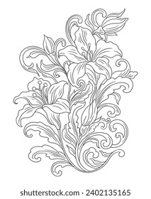 Floral lily easter plant in art nouveau 1920-1930. Hand drawn lily with weaves of lines, leaves and flowers. Vector illustration.