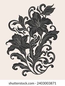 Planta de Pascua de lirio floral en el Art Nouveau 1920-1930. Lirio dibujado a mano con tejas de líneas, hojas y flores. Ilustración vectorial.