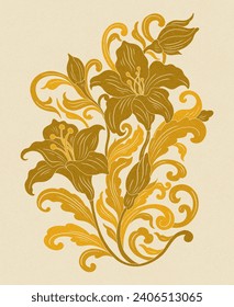 Floral lily easter plant in art nouveau 1920-1930. Hand drawn lily with weaves of lines, leaves and flowers. Vector illustration.