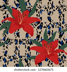 Floral lily seamless pattern on leopard skin check plaid background. Blossom flowers print. Modern wild animal repeat illustration. Trendy abstract vector texture. Fashion, fabric, tile, cloth