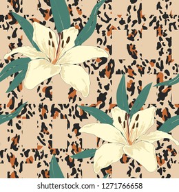 Floral lily seamless pattern on leopard skin check plaid background. Blossom flowers print. Modern wild animal repeat illustration. Trendy abstract vector texture. Fashion, fabric, cloth, wallpaper