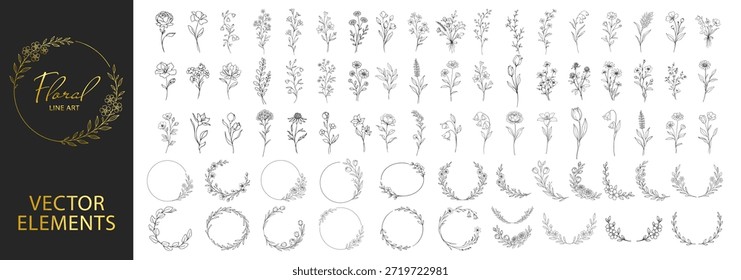 Conjunto de Elementos botánicos de arte de línea floral, ramas de flores y marcos de corona, elegante colección de Vector de contorno dibujado a mano para boda y marca sobre fondo transparente