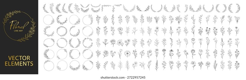 Conjunto de Elementos botánicos de arte de línea floral, ramas de flores y marcos de corona, elegante colección de Vector de contorno dibujado a mano para boda y marca sobre fondo transparente