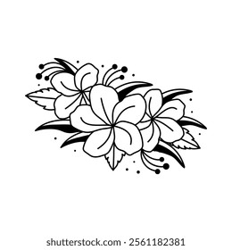 Floral Line Art Composition, Black and White Illustration with Blooming Flowers, Leaves and Decorative Dots