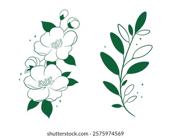 Floral line art design with green leaves and flowers suitable for various decorative purposes. Design elements set are carefully composed for use in invitations or wall art. Vector isolated on white.