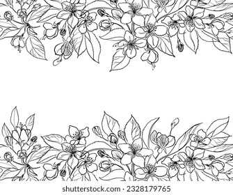 Floral line art doodle black and white vector illustration seamless border hand drawn apple sakura jasmine flowers leaves blossom background invitation card textile wrapping packaging wedding design