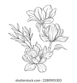 Floral Line Art. Magnolia Flower Outline for Floral Coloring Pages, Minimalist Modern Wedding invitations	
