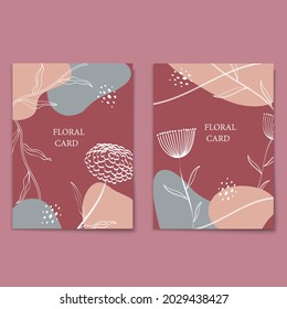 Floral line art, minimal flat style cards set. Hand drawn flowers, minimal shapes, doodles. Vector template design 