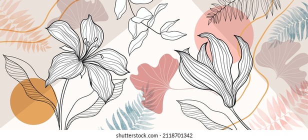 Floral line art pattern background. Earth tone style with ginkgo, leafy , flower, branch, fern and gold wave line vector. Watercolor wallpaper for banner, prints, poster, wall art, and packaging