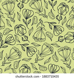 Floral line art pattern, blue flower and leaf design on light yellow background, fabric print, textile, wallpaper