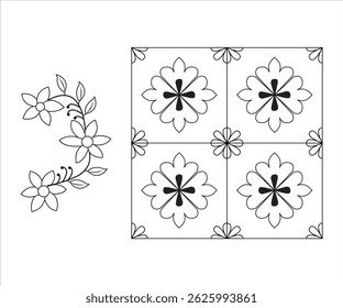 Floral Line Art Pattern and Decorative Corner Design - Black and White Vector Illustration