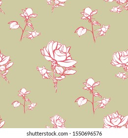 Floral line art pattern with rose flower and rose with leaves. Vintage black line flower seamless on white background. Vector hand drawn illustration in watercolor style