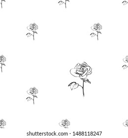Floral line art pattern with single rose. Black line flower seamless on white background. Vector hand drawn illustration in linear style.