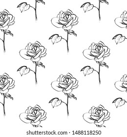 Floral line art pattern with single rose. Black line flower seamless on white background. Vector hand drawn illustration in linear style.