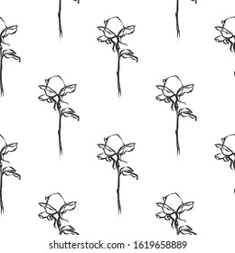 Floral line art pattern with small rose. Vintage black line flower seamless on white background. Vector hand drawn illustration in watercolor style