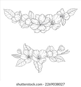 Floral Line Art, Sakura Flower Outline Illustration Set. Hand Painted Doodle Flowers. Perfect for wedding invitations, bridal shower and floral greeting cards. Black and white stencil flowers isolated