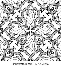 Floral line art Seamless Pattern. Black and White Intricate Flowers, Leaves, lines. Abstract Deco Background in Doodle Line Style. Endless texture. Coloring Book Page. Vector Contour Illustration.