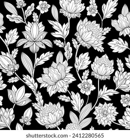 Floral line art vector texture pattern with decorative flowers and leaves. Seamless pattern