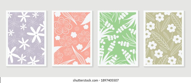 Floral line arts cover vector. Wall arts design with minimal line hand drawn. Cute flower pattern design for prints, wallpaper, fabric and home decoration.