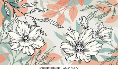 Floral line background. Summer tone with tropical leafy, watercolor wallpaper with flowers and branches. Botanical line art poster, banner or cover, texture. Cartoon flat vector illustration