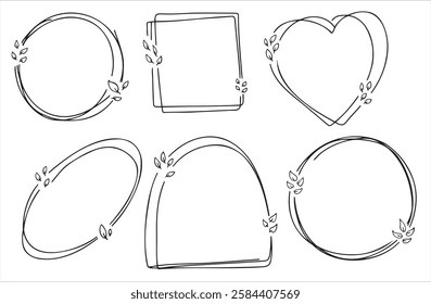 Floral line doodle frames in square, circle, and heart shapes with leafy ornament designs. Minimalist outline illustrations for invitations, cards, or decorative projects
