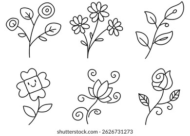 A Floral line drawing features various flowers and leaves in whimsical style, showcasing nature beauty and charm