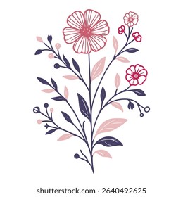 floral line drawing with hand painted blossom details.modern flower artwork for weddings.fine botanical sketch for cushion and fabric design


