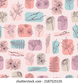 Floral Line Drawing Patchwork Seamless Vector Pattern