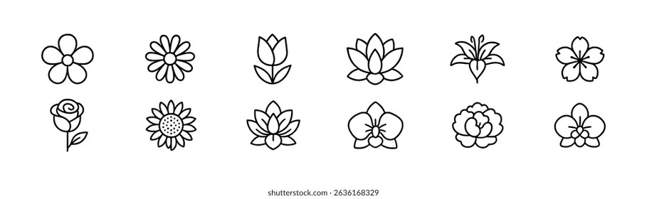 Floral line icon set - simple, nature, blossom line art symbols for all applications