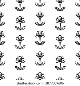 Floral line seamless pattern, black and white drawing, monochrome blooming, coloring sketch, background. Cute flower buds on stems with leaves. For fabric design, wallpaper. Vector illustration