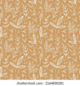 Patrón sin fisuras de la línea floral. Fondo abstracto botánico. Textura vectorial con hojas sobre fondo amarillo en estilo escandinavo. Tela, impresión, embalaje, patrón textil