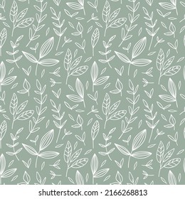 Floral line seamless pattern. Botanical abstract background. Vector texture with leaves on green background in scandinavian style. Fabric, print, packing, textile pattern