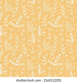 Floral line seamless pattern. Vector texture with leaves on yellow background in scandinavian style. Fabric, print, packing, textile pattern