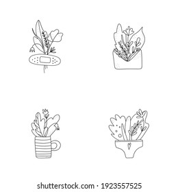 Floral line set. Hand drawn line leaves and flowers in letter and underpants, cup and patch, modern outline spring summer season in black and white, vector emblems and logos collection