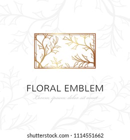 Floral linear emblem. Vector elegant design element for jewelry shop, beauty, spa or wedding salon and fashion or floristic industry.