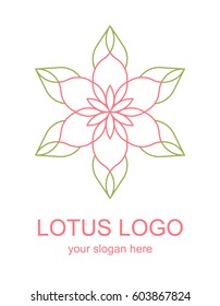 Floral linear icon. Lotus flower lineart logo. Thin line logotype for a spa, wellness center, massage or beauty salon. Vector design element in monoline style isolated on white background. 