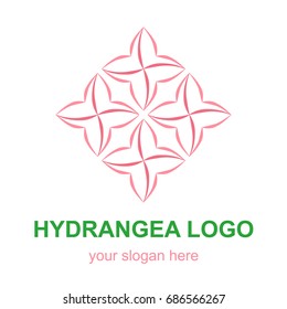 Floral linear icon. Pink hydrangea flower logo template. Logotype concept for a spa, beauty salon, or fashion boutique. Vector design element isolated on white background.