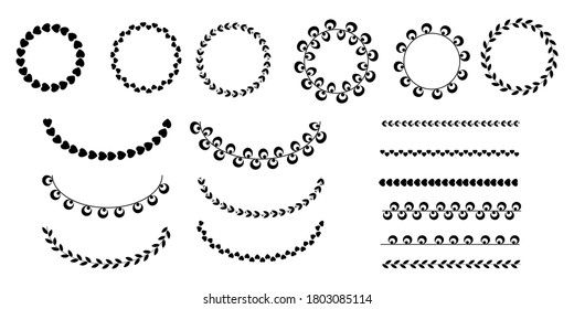 Floral linear leafy border. Vector ornament. Wreaths are black and white. Lines of flowers.