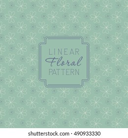 Floral linear pattern and monoline frame. Template with ornamental texture and badge, frame for logo, greeting cards, invitations. Seamless vector background with leaves.