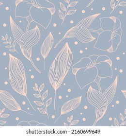Floral linear pattern. Outline seamless illustration with flower and leaves