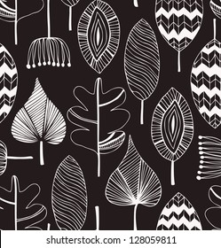 Floral linear seamless decorative pattern. Scribble background with leafs. Black and white contour fabric texture. Hand drawn template for design