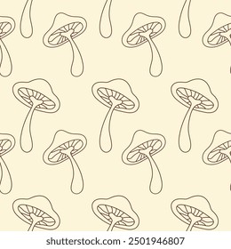 Floral linear seamless pattern with cute mushrooms on a beige background. Groovy retro vintage minimal print in style 70s, 80s. Vector illustration